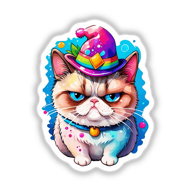 Grumpy Cat in a Witch Hat: Adorable Sticker featuring a cartoon cat with a displeased expression, wearing a pointed witch hat. Available as stickers or digital artwork.