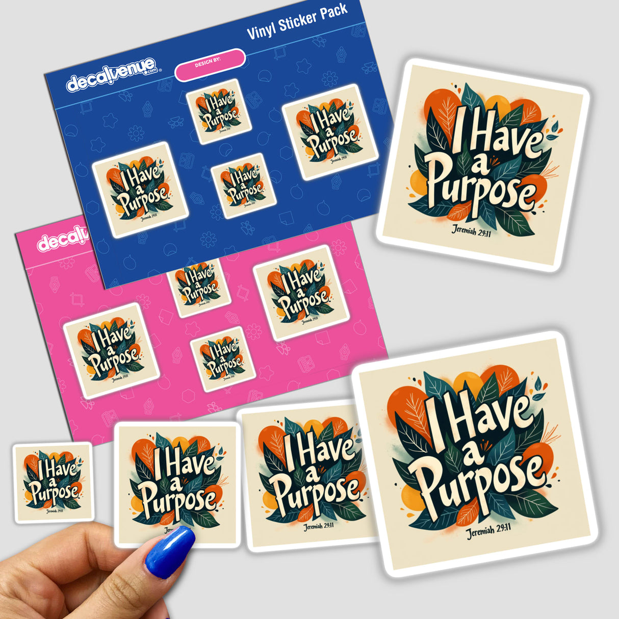 Hand holds I Have a Purpose - Jeremiah 29:11 Christian faith-based sticker pack, featuring various inspiring designs; available as stickers or digital artwork from Decal Venue.