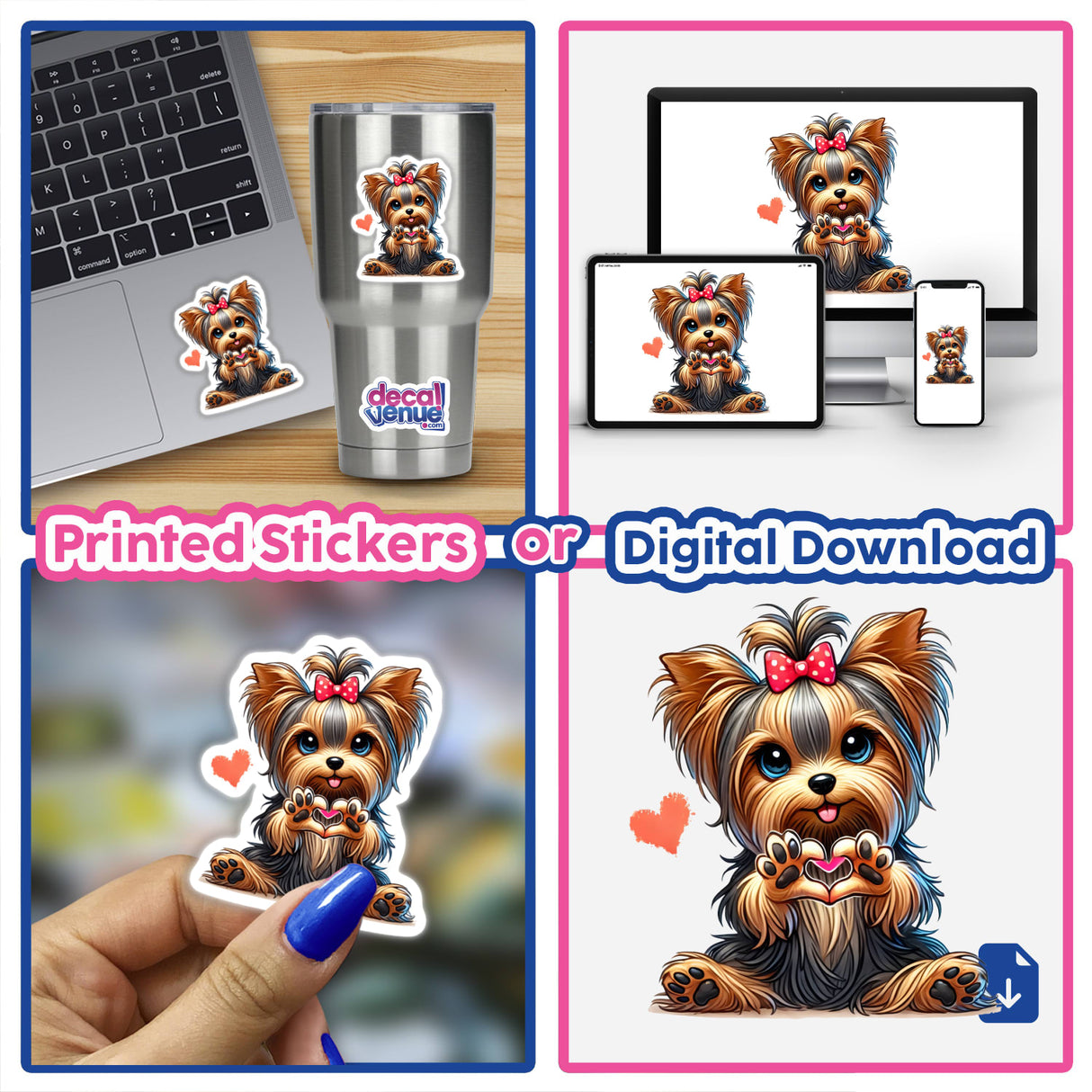 Yorkie Dog Heart Gestures II collage, featuring stickers of a cartoon dog holding a heart and wearing a bow, displayed on various items like a laptop and cup.