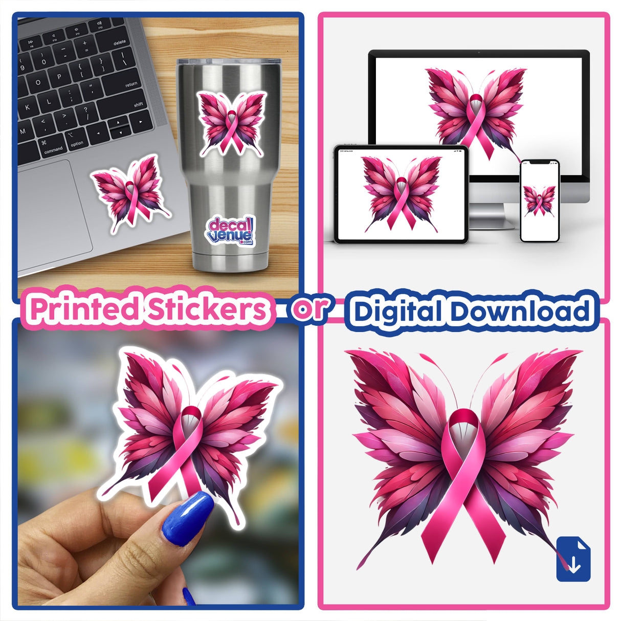 Butterfly Pink Ribbon Breast Cancer sticker on a laptop, collage with close-ups of butterfly ribbon designs and a hand holding the sticker. Available as Stickers or Digital Artwork.