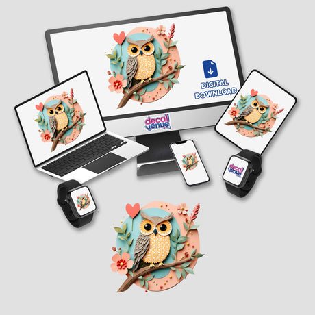 Whimsical Owl Paper Collage Art in Pastel Colors displayed on various devices, showcasing its versatility as stickers or digital artwork.