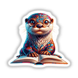 Otter in Reading Glasses Open Book: A whimsical illustration of an otter wearing glasses, engrossed in reading an open book, available as stickers or digital artwork. Perfect for unique vinyl art lovers.