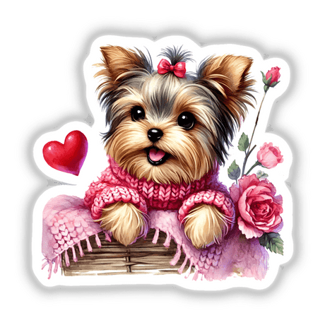 Watercolor Hearts and Roses Yorkie Dog featuring a cute terrier in a sweater surrounded by flowers, available as stickers or digital artwork from Decal Venue.