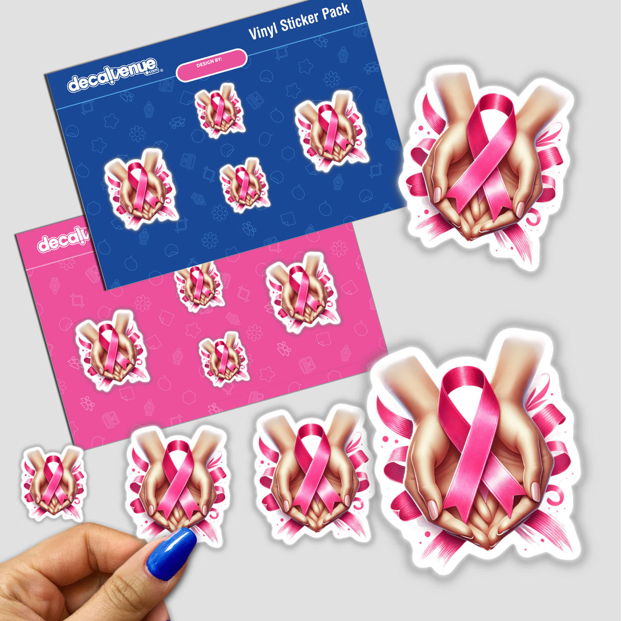 Sticker pack of pink ribbons and hands for Breast Cancer Awareness, available as stickers or digital artwork from Decal Venue.