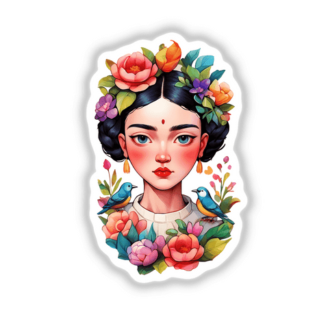 Frida-Inspired Floral Portrait Sticker - Vibrant Botanical Artistic Design: Illustration of a woman with flowers in her hair, surrounded by a blue bird and detailed floral elements.