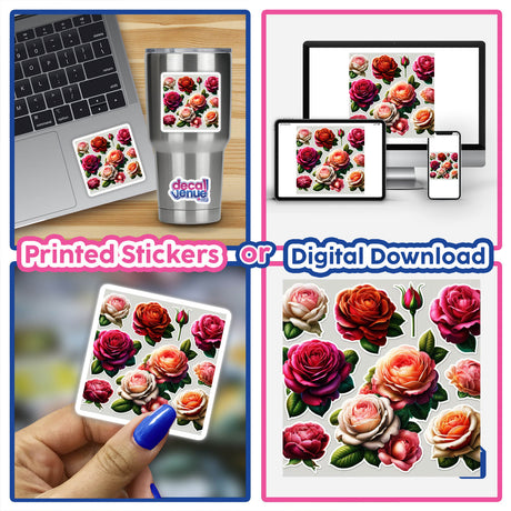 Beautiful Lush Roses sticker displayed on a laptop, featuring a detailed floral design. A hand holds another sticker, emphasizing the intricate floral artwork available as stickers or digital artwork.