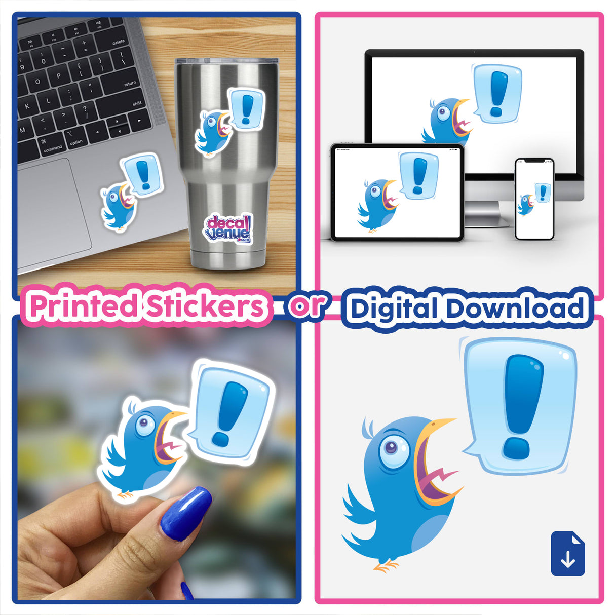 Collage featuring the TWEEEEET!!! Shouting Bluebird sticker on a laptop, showcasing a blue bird with an exclamation mark. Available in Sticker Pack or as singles from Decal Venue.