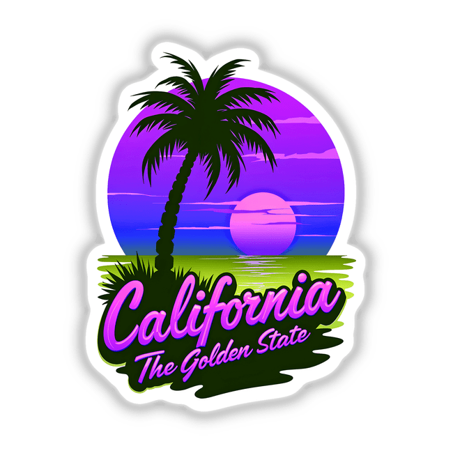 California The Golden State: Logo featuring palm trees and a sunset, available as stickers or digital artwork. Perfect for fans of unique, vibrant designs from Decal Venue.