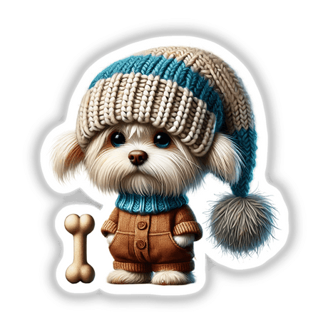 Cute Maltese Gnome with Dog Bone
Adorable Maltese dog in a cozy winter hat and sweater, holding a dog bone in an artistic digital illustration