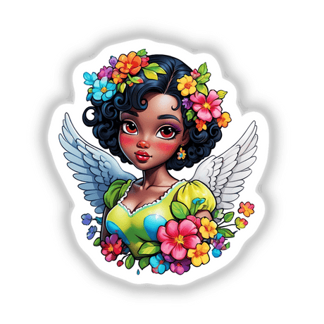 Adorable black fairy angel cartoon with flowers in her hair, available as stickers or digital artwork.