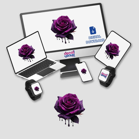 Gothic Dripping Purple Rose displayed on a laptop and monitor, showcasing intricate rose designs available as stickers or digital artwork from Decal Venue.