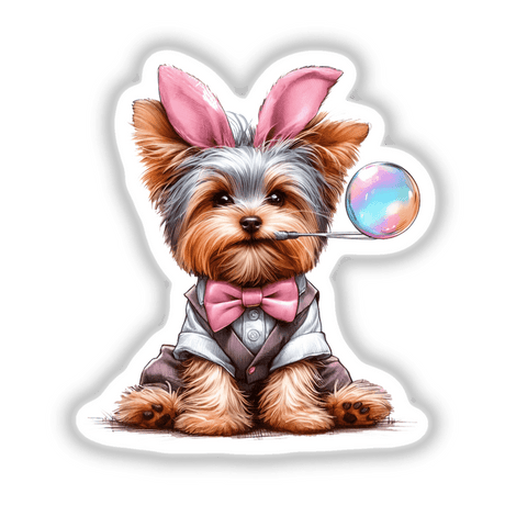 Bunny Ears Yorkie Dog Holding Bubble depicted as a cartoon with a bubble wand and a bubble near its mouth. Available as stickers or digital artwork from Decal Venue.