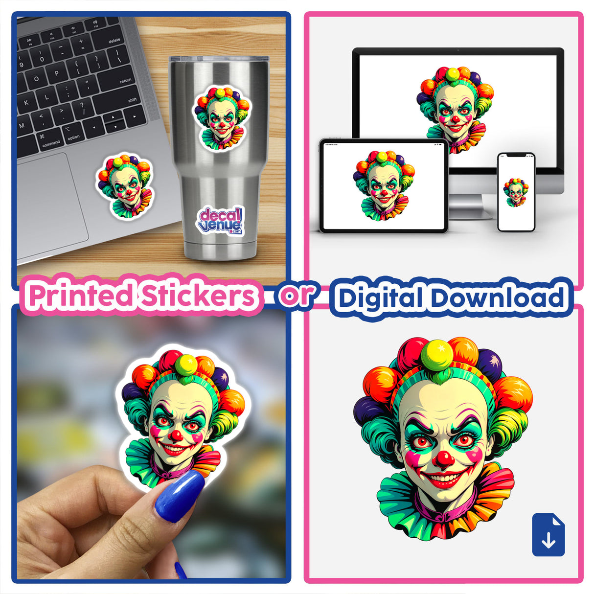 A collage of A Crazy Clown Girl stickers displayed on various surfaces, including a laptop and a cup, showcasing the cartoonish clown face with colorful hair. Available as stickers or digital artwork.