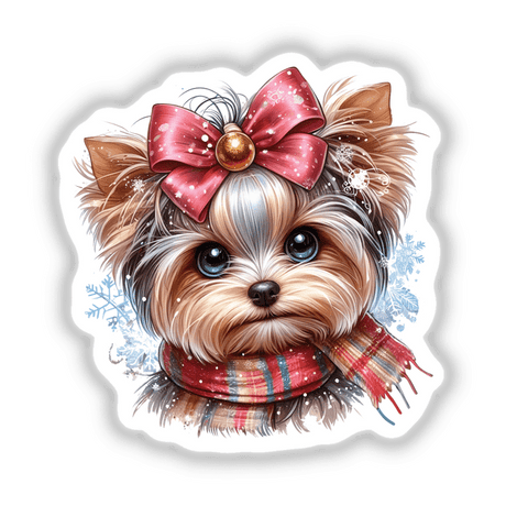 Cute Winter Yorkie Dog sticker or digital artwork featuring a Yorkie with a red bow, emphasizing its expressive eyes and detailed fur.