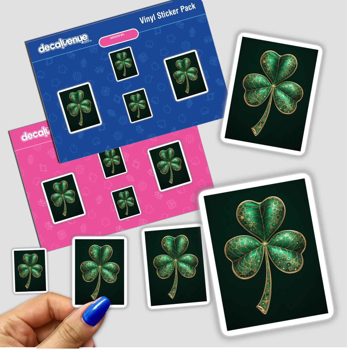 Opulent Shamrock sticker featuring green clovers with gold and gemstone accents, available as unique vinyl stickers or digital artwork, showcasing intricate design details.