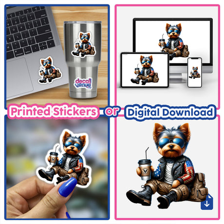 Patriotic Yorkshire Terrier holding a coffee cup, available as printed stickers or digital downloads from Decal Venue, a store offering unique stickers and digital art.