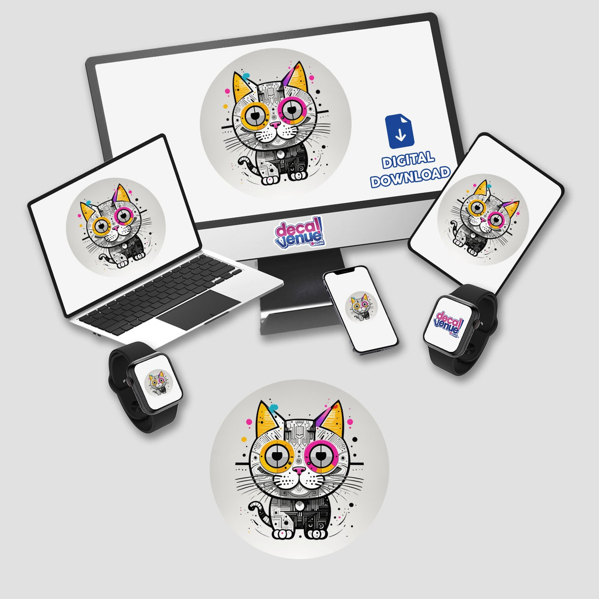 Crazy Funky Cat design displayed on a computer monitor and various devices, showcasing its versatility as stickers or digital artwork. The image features a cartoon cat with colorful eyes and whiskers.