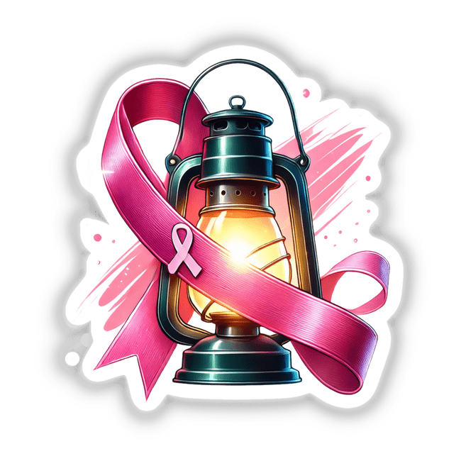 Pink Ribbon and Lantern Breast Cancer Awareness sticker featuring a lantern adorned with a pink ribbon, symbolizing support and awareness. Available as stickers or digital artwork.