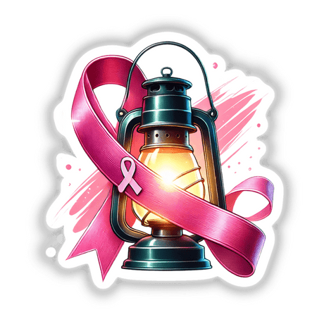 Pink Ribbon and Lantern Breast Cancer Awareness sticker featuring a lantern adorned with a pink ribbon, symbolizing support and awareness. Available as stickers or digital artwork.