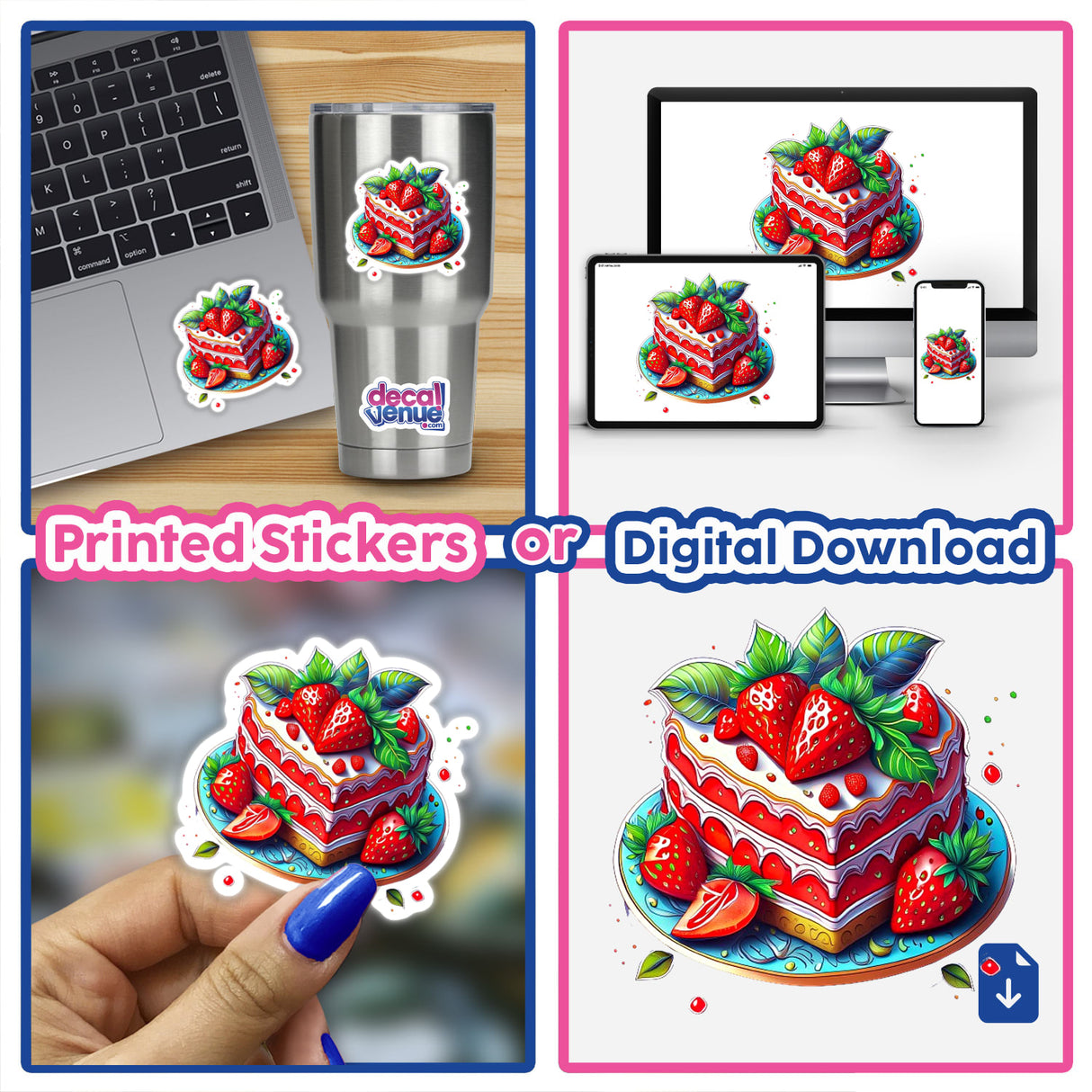 Colorful digital artwork depicting a delicious strawberry cake, displayed on a laptop, mobile devices, and as a printed sticker. The image showcases the vibrant and detailed digital illustration of the strawberry-topped cake, highlighting its appetizing appearance and intricate design. This digital artwork offers a versatile option for customers of the Decal Venue store to express their style through stickers or digital downloads.