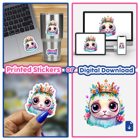 Collage featuring Royal Cutie: Big-Eyed Seal Wearing a Crown as stickers and digital artwork, displayed on laptops, cups, and hands, emphasizing unique, whimsical designs.