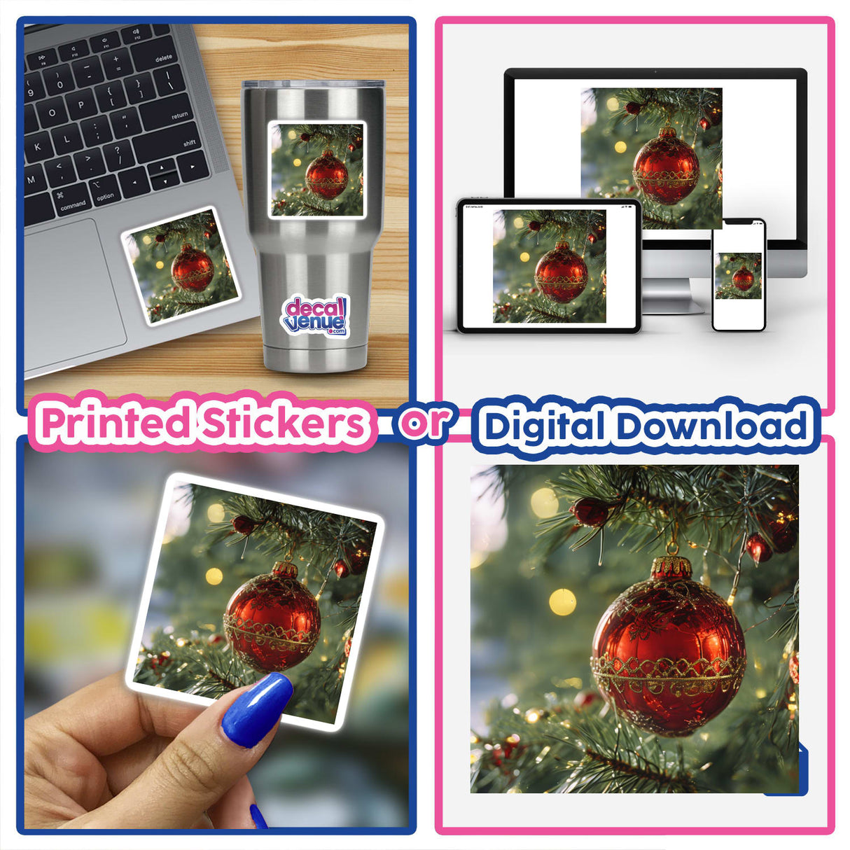 Christmas Ornament Envelope Seal Stickers shown with festive laptop imagery, featuring digital artwork of a Christmas tree. Ideal for decorating cards and gifts, embodying Decal Venue's unique sticker offerings.