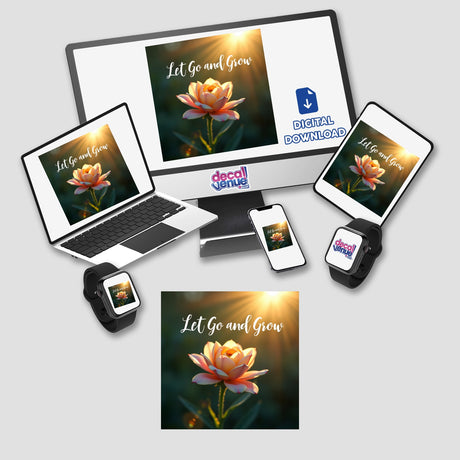 Let Go and Grow Sticker | Personal Growth Affirmation | Digital Download with Commercial Rights displayed on a computer monitor and laptop, featuring a vibrant flower.