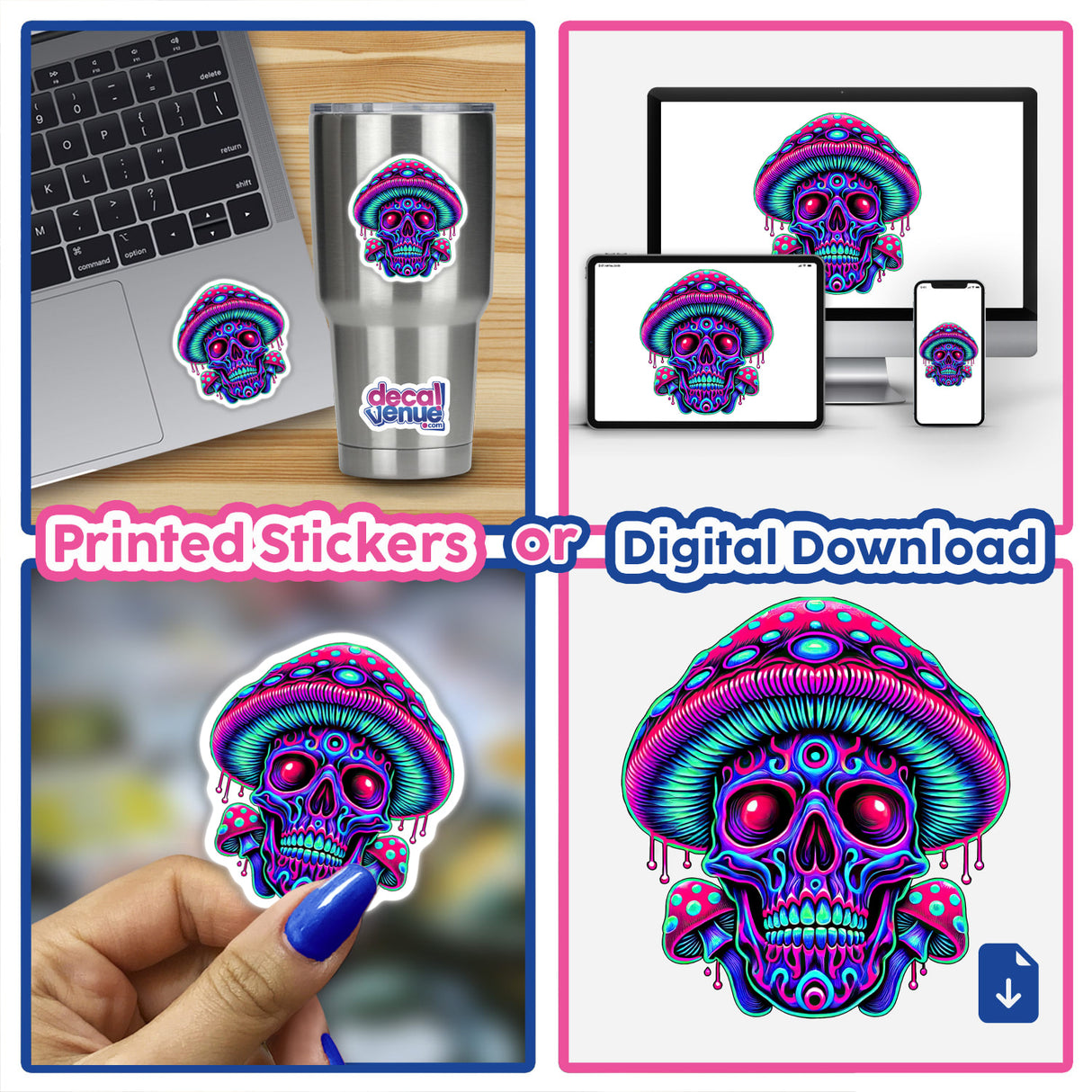 Psychedelic Skull Mushroom - Neon Trippy Dripping design featured on various items, including a laptop sticker and digital artwork, showcasing a colorful skull with a mushroom hat.