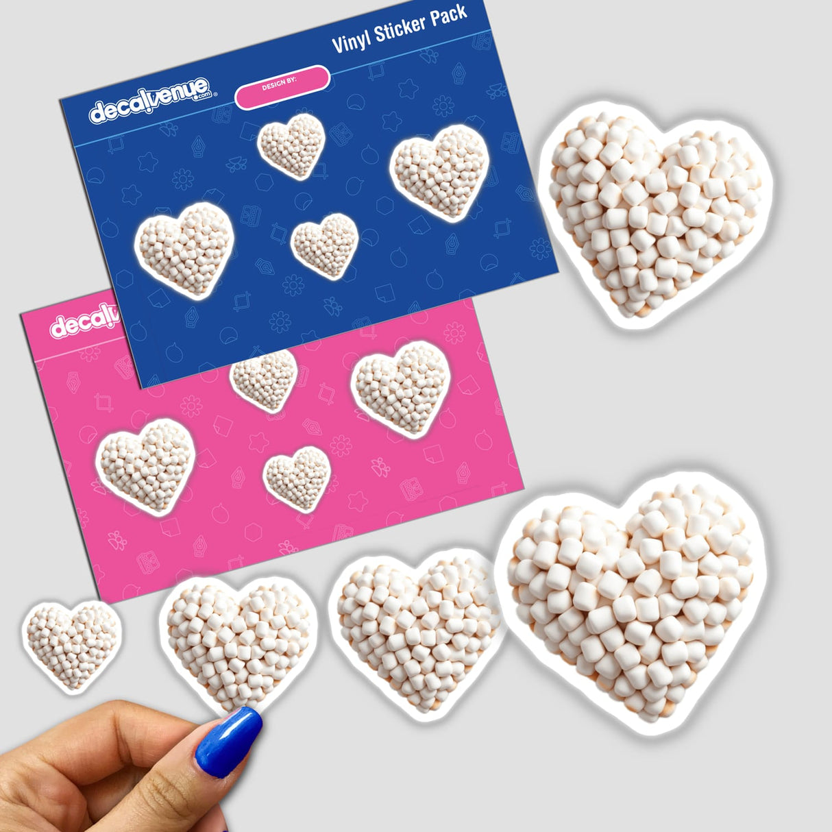 Marshmallow Heart sticker pack featuring heart-shaped designs, available as unique stickers or digital artwork from Decal Venue, showcasing a playful assortment of heart motifs.