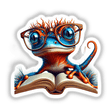 Cartoon illustration of Newt With Reading Glasses Open Book, depicting a curious lizard wearing glasses and reading, available as a versatile vinyl sticker or digital artwork from Decal Venue.