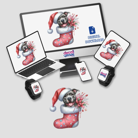 Pitbull Santa Dog in Christmas Stocking depicted on a computer screen and laptop, available as unique stickers or digital artwork from Decal Venue.