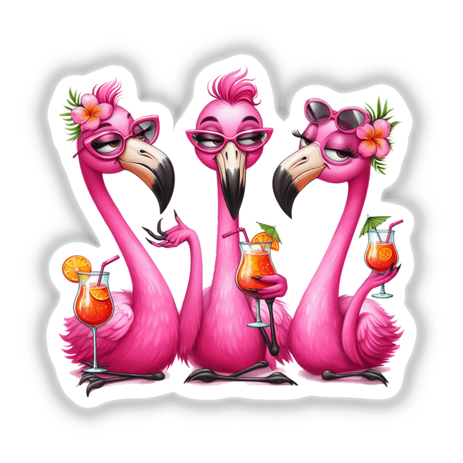 The Pinkie Flamingo Ladies: A whimsical cartoon illustration of pink flamingos holding drinks, available as stickers or digital artwork, embodying Decal Venue's unique vinyl art style.