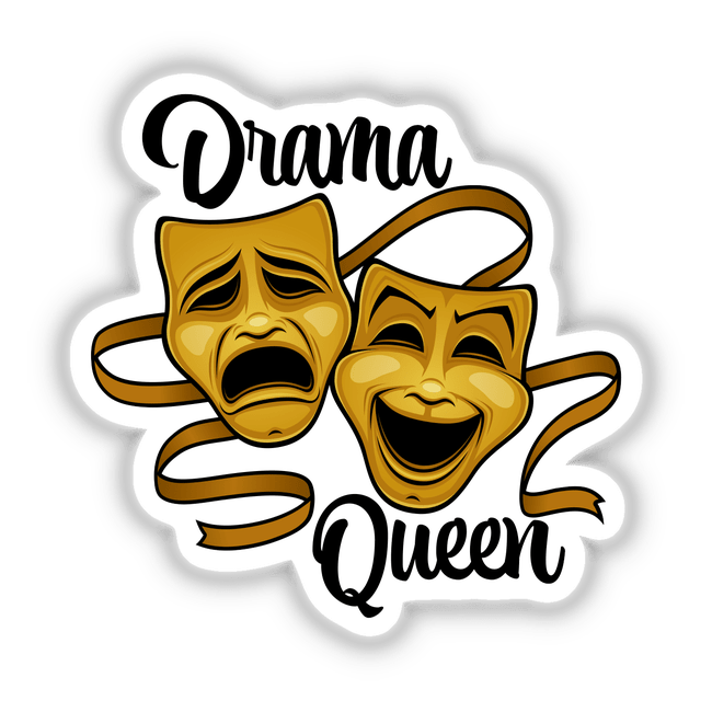 Gold Comedy And Tragedy Theater Masks Drama Queen, featuring cartoon-style masks with expressive faces, available as stickers or digital artwork, embodying theatrical flair.