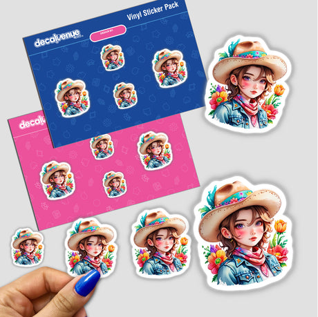 Cowgirl Chic: Hat and Bandana stickers featuring a cartoon girl in a cowboy hat and bandana, available in a sticker pack or as digital artwork.