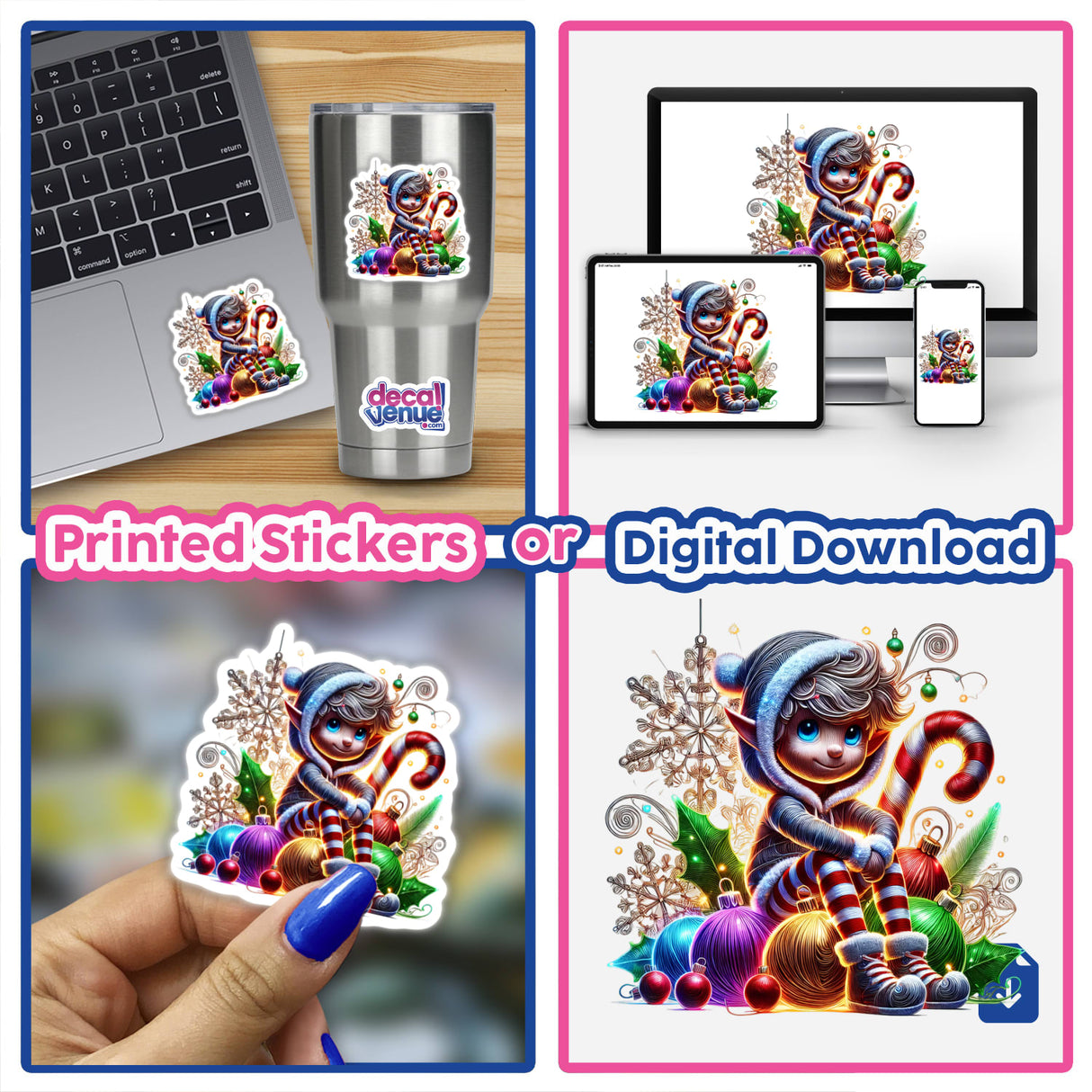 Collage of the Luminous Christmas Elf cartoon character in various poses, including sitting on a candy cane and surrounded by ornaments, featured as stickers and digital artwork.