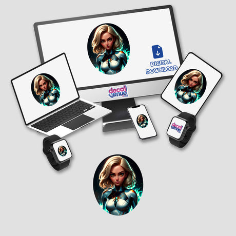 Cute Anime Superhero Girl displayed on a computer monitor and laptop, showcasing as stickers or digital artwork. Perfect for enhancing digital spaces with unique, vibrant designs.