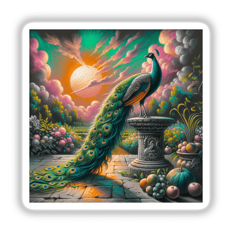 Peacock on a Stone Pedestal in a Vibrant Garden, depicting a detailed painting of a peacock gracefully perched on a stone pedestal, available as stickers or digital artwork.