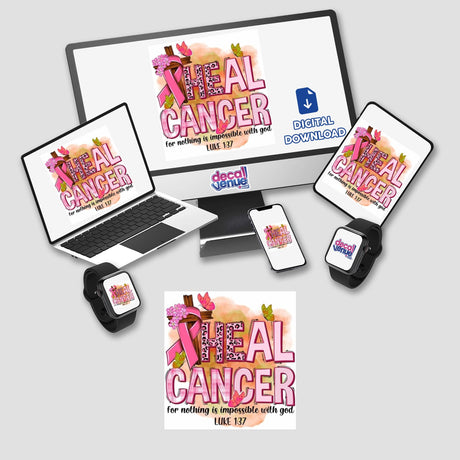 Gold Breast Cancer Series 3 – computer monitor and laptop displaying pink-themed artwork with ribbons, butterflies, and a cross, available as stickers or digital art.