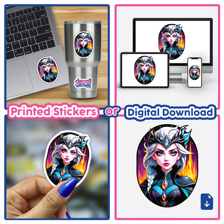 An Evil Queen Anime Girl featured in a collage of stickers and digital art, showcasing various cartoon depictions, available as unique vinyl stickers or digital artwork from Decal Venue.