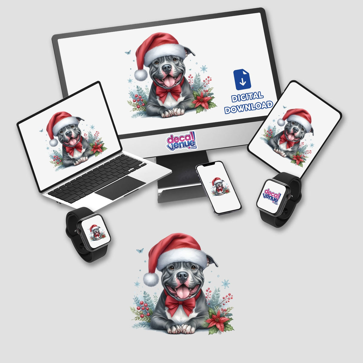 Happy Christmas Pitbull Santa digital artwork featuring a pitbull wearing a Santa hat and bow tie, displayed on various devices such as a computer monitor, laptop, mouse pad, cell phone, and smartwatch.