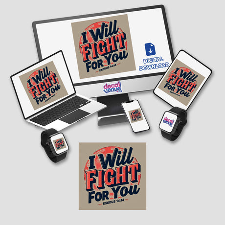 I Will Fight For You - Inspirational Christian Sticker & Clipart, featuring Exodus 14:14, displayed on devices like a laptop and phone, highlighting its versatility as both sticker and digital art.