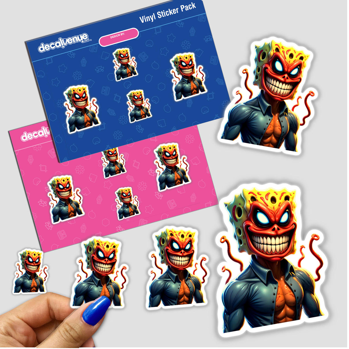 Alien Mutant Superhero Villain stickers featuring cartoon characters with large smiles and masks, available as unique stickers or digital artwork from Decal Venue.