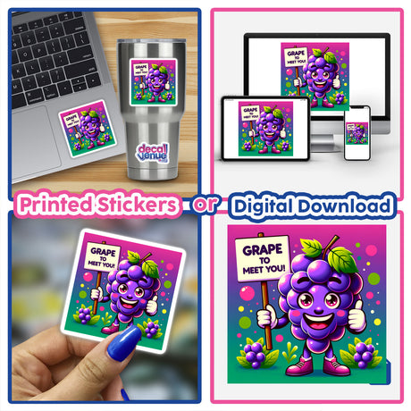 Collage featuring Grape To Meet You design; a cartoon grape character on a laptop and tablet, available as stickers or digital artwork from Decal Venue.