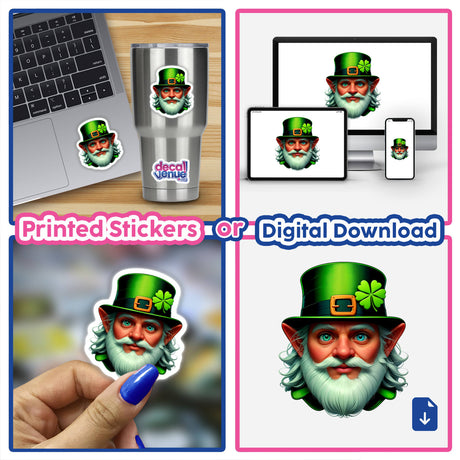 St. Patrick's Day Leprechaun stickers and digital artwork collage, featuring whimsical leprechaun designs with white beards and green hats, suitable for laptops, cups, and phones, from Decal Venue.