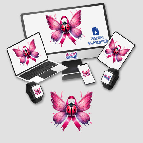 Ladybug Butterfly Wings Pink Ribbon Breast Cancer digital artwork displayed on a computer monitor and laptop screens with butterflies. Available as stickers or digital art from Decal Venue.