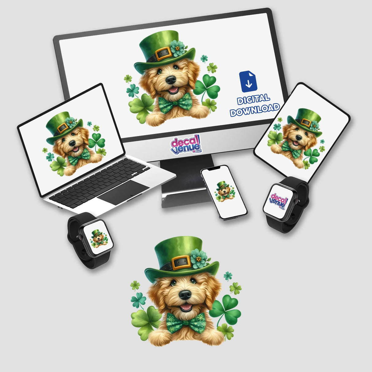 Watercolor Peeking St. Patrick's Goldendoodle Dog artwork displayed on a laptop, featuring a dog in a hat and bow tie with clovers, highlighting vibrant, festive design for stickers or digital art.