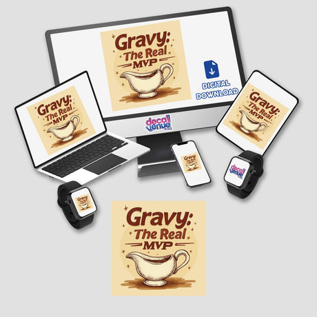 Gravy: The Real MVP Thanksgiving Sticker & Clipart features a detailed illustration of a gravy boat with a spoon, optimized for stickers or digital artwork with commercial rights.