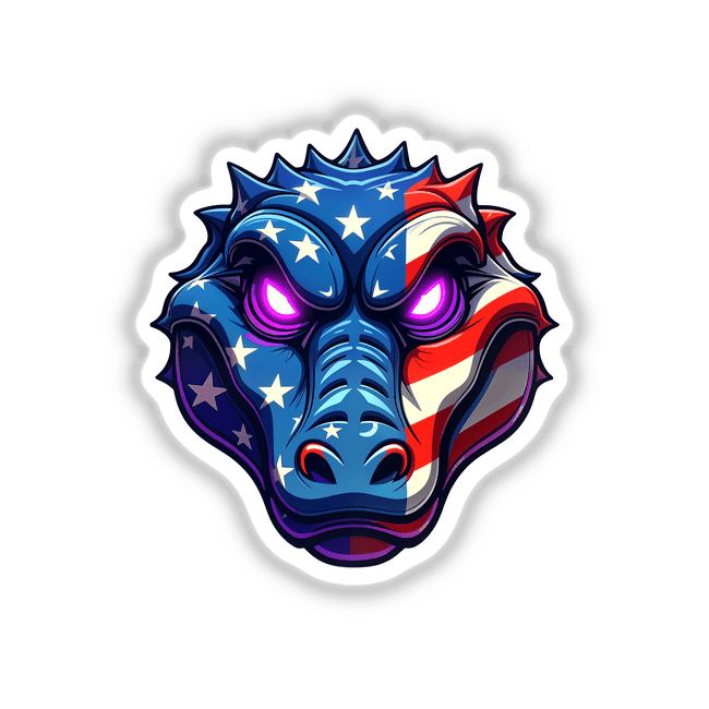 Cartoon illustration titled A Cool American Flag Alligator, featuring a reptile adorned with an American flag design, available as stickers or digital artwork from Decal Venue.