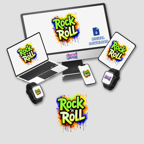 Rock 'n Roll Graffiti Art featuring a vibrant logo with paint splashes, displayed on a computer monitor and laptop. Suitable as stickers or digital artwork.