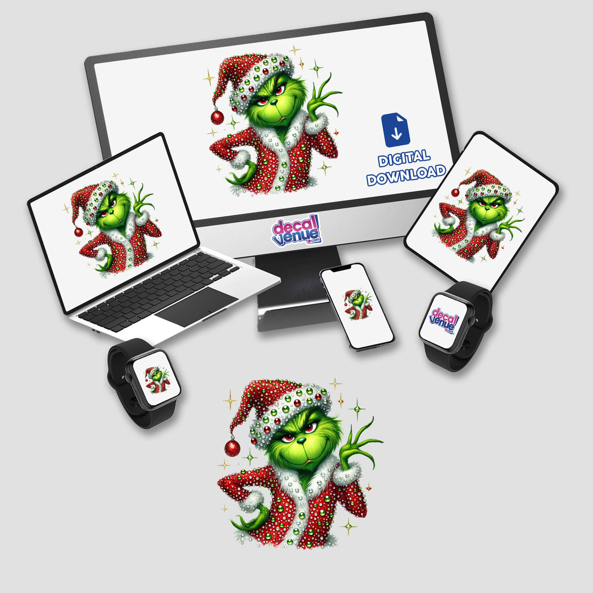 Sassy Christmas Green Grouch Rhinestone Santa depicted on a computer monitor and laptop, showcasing its vibrant digital artwork style, available as unique stickers or digital art.